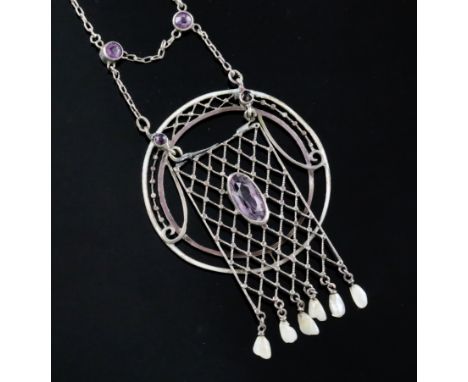 An early 20th century Austrian? secessionist style sterling silver, white enamel, amethyst and baroque pearl drop pendant nec