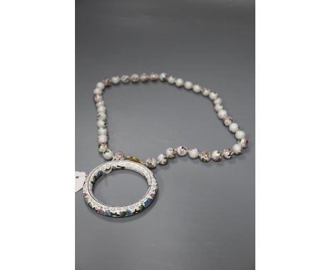 A Chinese cloisonne enamel bead necklace, 67cm and a similar bangle.