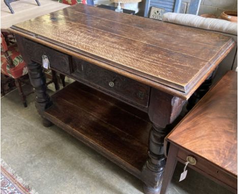 An 18th century style oak two tier buffet, width 130cm, depth 70cm, height 90cm