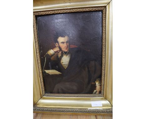 19th century English School, oil on wooden panel, Portrait of an officer seated at a writing table, 38 x 29cm
