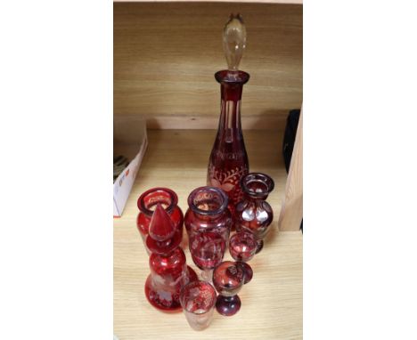 A group of Bohemian engraved ruby glass, tallest 42cm