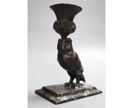 A bronze owl candlestick, signed Barries, height 14cm