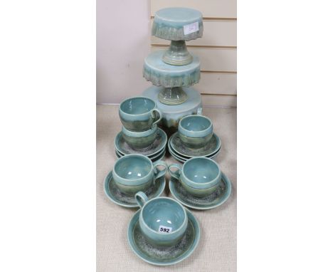 Francis Doherty (Brighton Ceramicist). A glazed cake stand and six cups and saucers