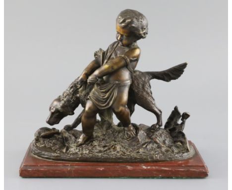 Auguste Joseph Peiffer (French, 1832-1886). A bronze group of a putto with a setter, standing upon naturalistic base, with ro