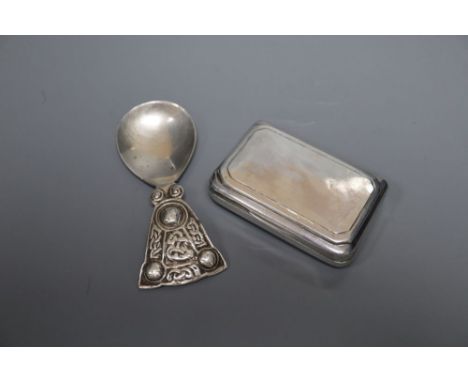 A George III silver snuff box, Birmingham, 1814, 65mm and an Arts &amp; Crafts silver spoon, Shipton &amp; Co, Chester, 1935,