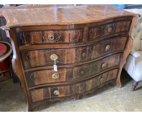 A Continental inlaid serpentine commode, width 135cm, depth 67cm, height 104cm
