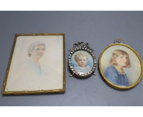A Victorian oval portrait miniature, signed A H Hunt, height 8cm, and two other Victorian portrait miniatures
