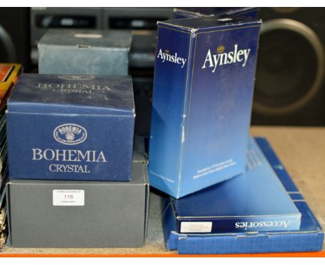 BOXED PAIR OF WATERFORD CRYSTAL CANDLE STICKS, BOHEMIA CUT CRYSTAL BOWL IN BOX, AYNSLEY DISHES, TABLE WARE ETC     