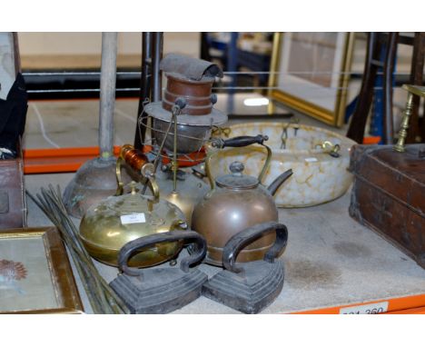 VARIOUS OLD KETTLES, TILLEY STYLE LAMP, OLD IRONS, GLASS CEILING LIGHT SHADE ETC     