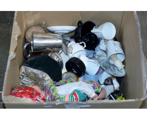 BOX CONTAINING OLD DOLL, VARIOUS TEA WARE, TEA SERVICE, MIXED CERAMICS ETC     