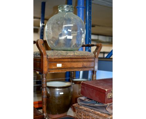LARGE GLASS BOTTLE & 2 CERAMIC URNS     