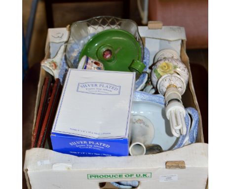 BOX CONTAINING SILVER PLATED PICTURE FRAME, BLUE & WHITE POTTERY, SMALL FRAMED PICTURES, CHAMBER STICK ETC     