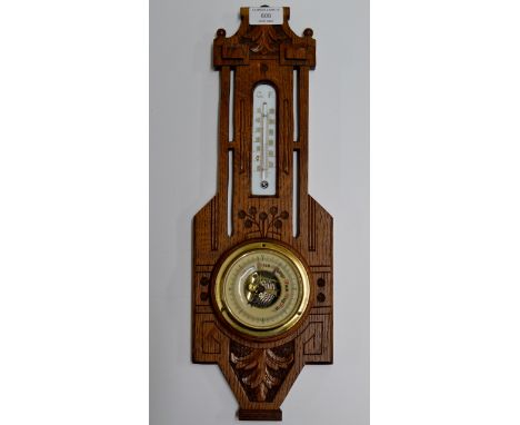 AN 18" ARTS & CRAFTS STYLE OAK CASED COMBINATION BAROMETER THERMOMETER     