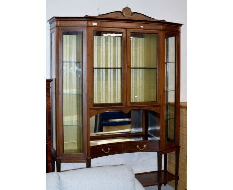 EDWARDIAN INLAID MAHOGANY 4 DOOR DISPLAY CABINET WITH UNDER SHELF & 2 DRAWERS     