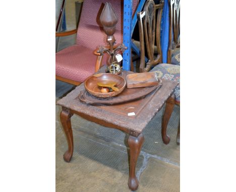 EASTERN WOODEN COFFEE TABLE, WOODEN CIGARETTE BOX, FRUIT BOWL, SERVING TRAY, ADJUSTABLE WOODEN TABLE LAMP ETC     