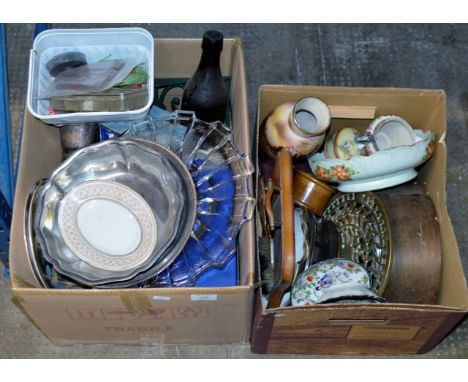 2 BOXES CONTAINING MANTLE CLOCK, MIXED CERAMICS, WOODEN BOX, BRASS STAND, EPNS WARE & GENERAL BRIC-A-BRAC     