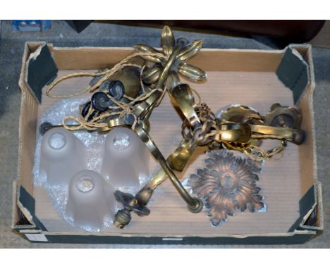 BOX CONTAINING OLD BRASS BENSON STYLE LIGHT FITTING WITH SHADES & 1 OTHER LIGHT FITTING     