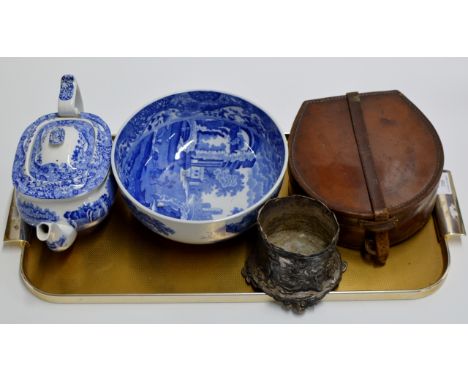 TRAY CONTAINING COPELAND SPODE BLUE & WHITE BOWL, COPELAND SPODE TEAPOT, LEATHER COLLAR BOX & DECORATIVE EPNS VASE     