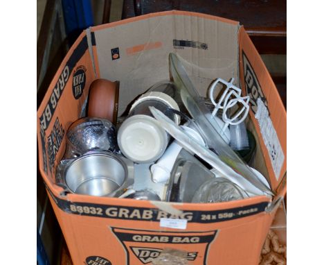 BOX CONTAINING MIXED CERAMICS, CHROME TEA SERVICE, CAKE PLATE ETC     