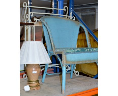 LLOYD LOOM STYLE CHAIR, WROUGHT IRON TOWEL RAIL & TABLE LAMP WITH SHADE     