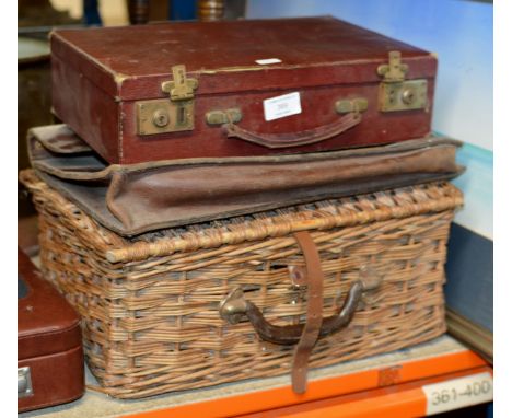 SMALL CASE, LEATHER BAG & WICKER PICNIC HAMPER     