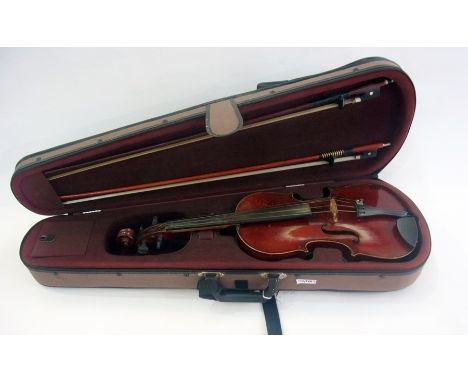 Stradivarius copy violin, possibly German and a bow, in case 