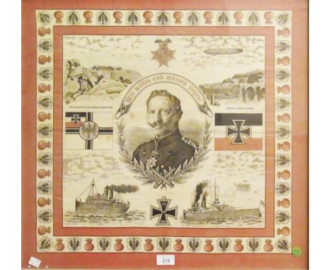 1914 German print on fabric, inscribed "Wir Wollen und Mussen Siegen", showing ships and airship with central portrait 
