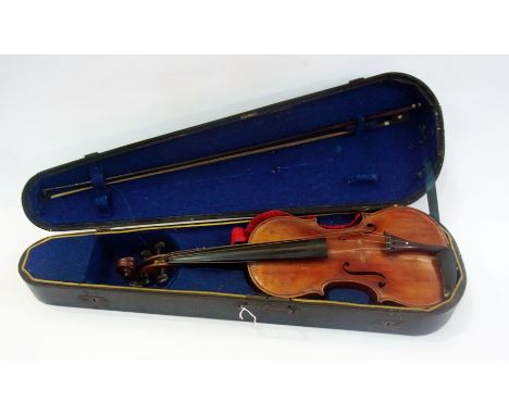 Violin, probably late 19th century German, with bow, in the style of Stamford Dodd, in case 