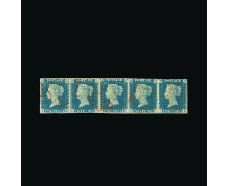 Great Britain - QV (line engraved) : (SG 5) 1840 2d blue, plate 1, horizontal strip of 5, FB-FF, SMALL TO VERY GOOD MARGINS A