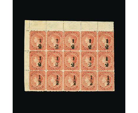 Turks Islands : (SG 21-23,17) 1881 ½d on 1d red in a fresh mint upper left corner block of 15 being the complete overprint se