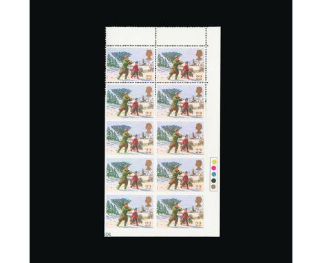 Great Britain - QEII (decimal) : (SG 1527a) 1990 Christmas 22p, lower right traffic light block of 10 (2 x 5), the lower 4 st
