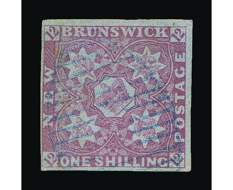 Canada - New Brunswick : (SG 5) 1850-61 1s reddish mauve, 4 small to very good margins, fresh, light blue barred postmark, fi