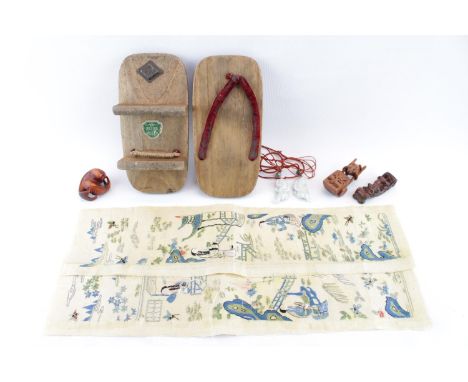 Collection of assorted Chinese related items inc Carved Cricket cage of pierced floral on ox bone, carved Netsuke, Pair of Wo