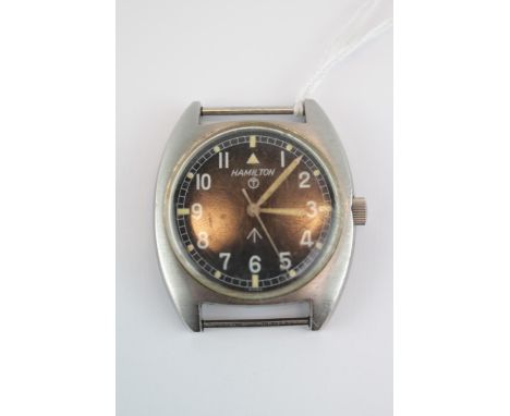 Hamilton military issue steel cased wristwatch, having a black dial with Arabic numerals, luminous dot markers and War Depart