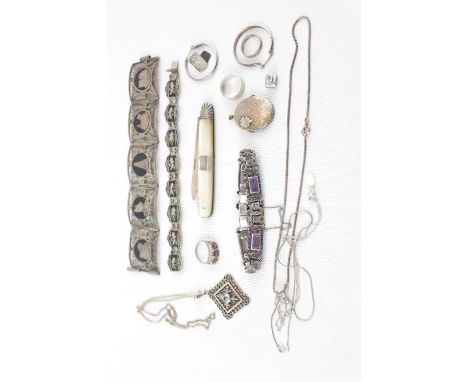 Collection of assorted Silver Jewellery inc. Burmese Silver Bracelet, Silver mother of pearl handled fruit knife 