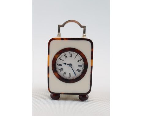 Edwardian High Quality French Ivory and Tortoise shell cased travelling/carriage clock with roman numeral dial, Silver hinges