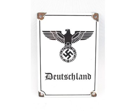 WWII German third Reich Enamel sign 'Deutschland' with Eagle and Swastika emblem 17 x 12cm. Condition - damage to screw holes