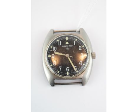 Hamilton military issue steel cased wristwatch, having a black dial with Arabic numerals, luminous dot markers and War Depart