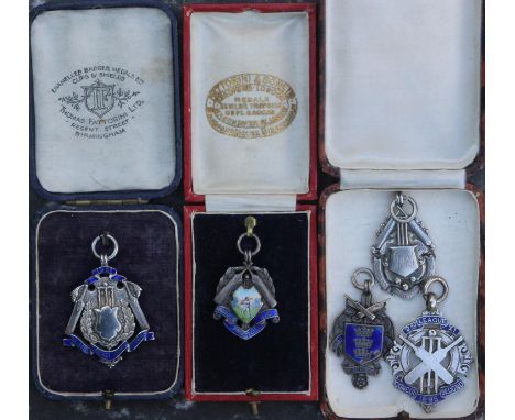 Five scarce silver &amp; enamel cricket fob/medals c1900 - 1. presented to the winners of the 1st Alliance 1900 Season. Engra