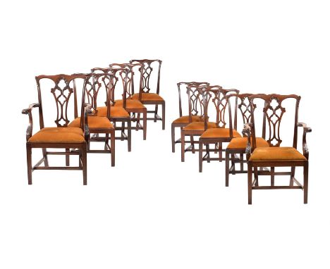A SET OF TEN MAHOGANY DINING CHAIRS IN GEORGE III STYLE AFTER THE MANNER OF THOMAS CHIPPENDALE To include a pair of armchairs
