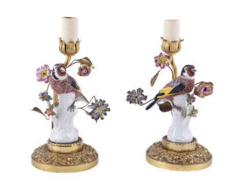 A PAIR OF CONTINENTAL PORCELAIN AND GILT METAL MOUNTED TABLE LAMPS IN THE 18TH CENTURY MEISSEN/VINCENNES STYLE LATE 19TH & 20