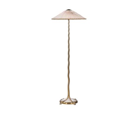 A GILT METAL AND OPALINE GLASS STANDARD LAMP   OF RECENT MANUFACTURE The glass shade and base to simulate mother-of-pearl154c
