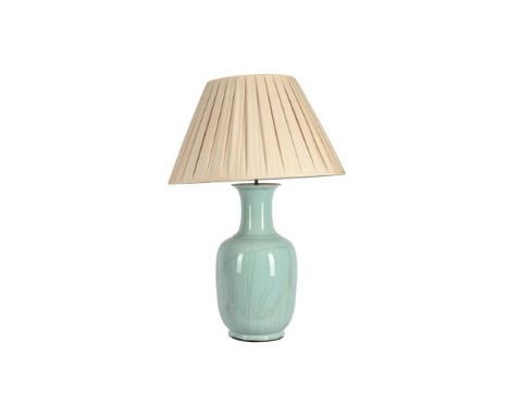 A LARGE TURQUOISE GLAZED LAMP BASE  MODERN Fitted for electricity, with large cream pleated shade above the body 102cm high o