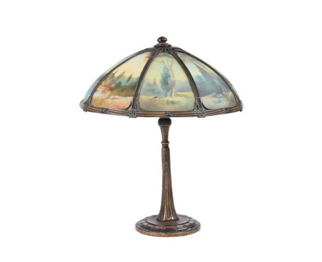 AN ART NOUVEAU AMERICAN TABLE LAMP BASE AND REVERSE PAINTED GLASS SHADE  EARLY 20TH CENTURY, ATTRIBUTED TO THE MILLER LAMP CO