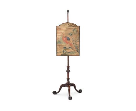 A GEORGE III MAHOGANY POLESCREEN  CIRCA 1780 The tapestry banner with a tapestry fragment depicting a Golden pheasant 151cm h
