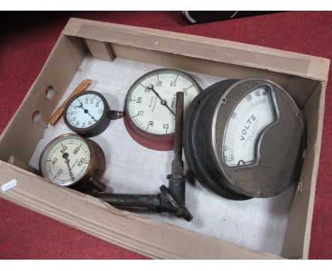 Three Pressure Gauges, a Large Volt Meter by Erskine and an Industrial Stick Thermometer.