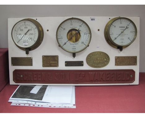 An Interesting Collection of Vacuum Pressure Gauges (with Provenance), Brass Engine Plates and a Cast Metal Name Plate for E.