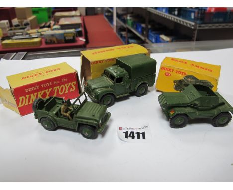 Three Dinky Toys, No. 673 - Scout Car, No. 641 Army One Ton cargo Truck, No. 674 - Austin Champ. All good plus, all boxed, bo