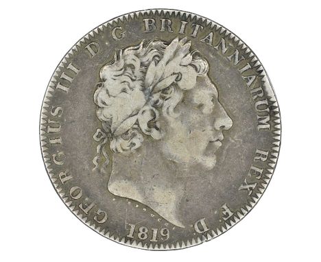 George III, Crown, 1819. King George III, Crown, 1819 LIX, Laureate head r. R. Pistrucci's St. George and dragon within Garte