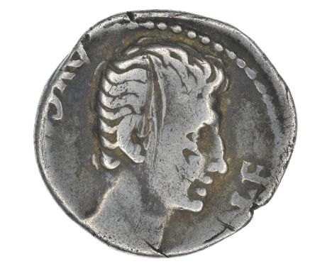 Octavian as Augustus AR Denarius Octavian as Augustus AR Denarius. Circa 21 B.C. - 14 A.D. AVGVSTVS DIVI F. Bare head right /